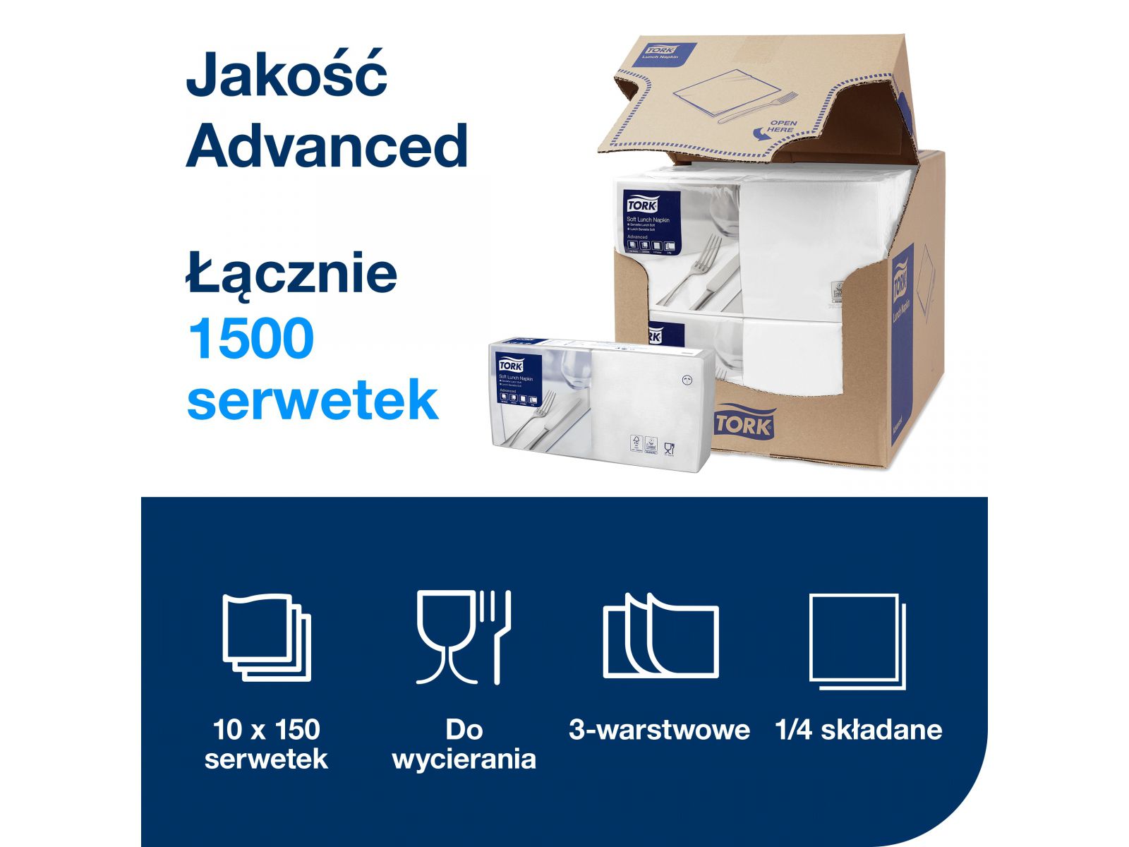 Serwetki Tork 33x33 477414 Białe Karton 1500 serwetek (10 x 150) Składana 1/4